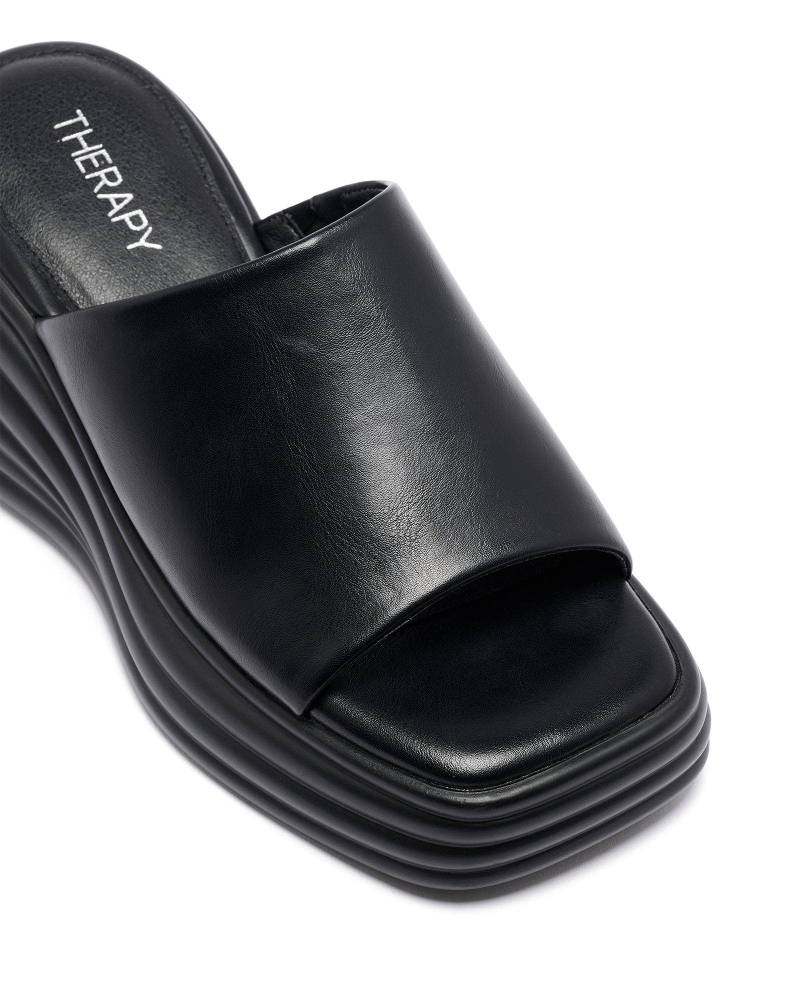 Therapy Australia FLAUNT square toe Wedge Sandal, Alternate, color, Black Smooth Pu