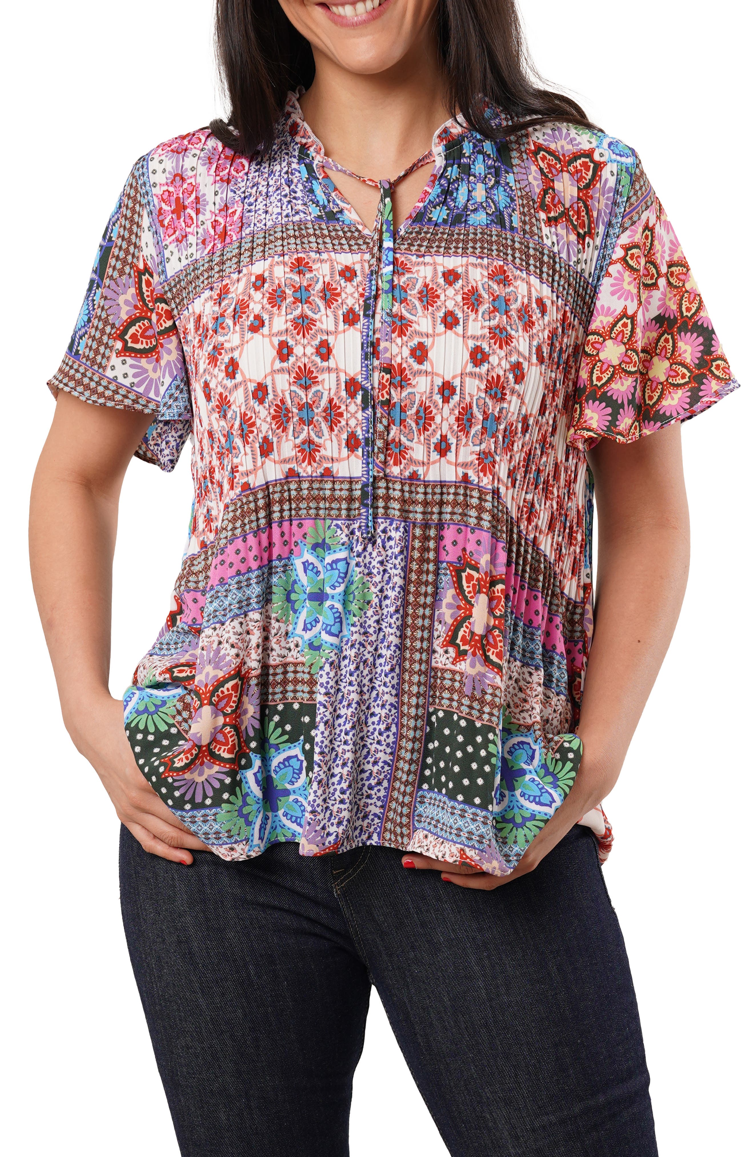 Ruffle Pleated Tie Neck Short Sleeve Top - image 3