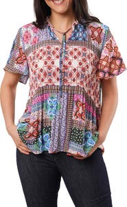 SUNNY LEIGH Ruffle Pleated Tie Neck Short Sleeve Top