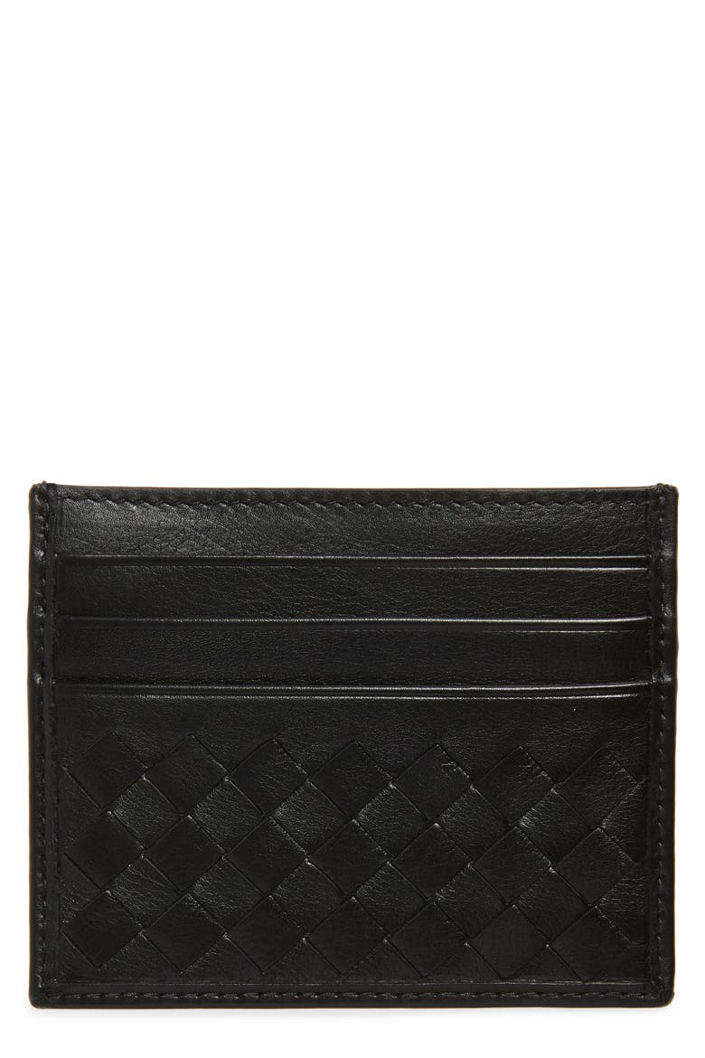 Intrecciato Calfskin Card Case, Main, color, NERO/ NERO-SILVER