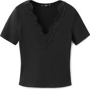 MANGO Lace Trim Rib Knit Crop Top