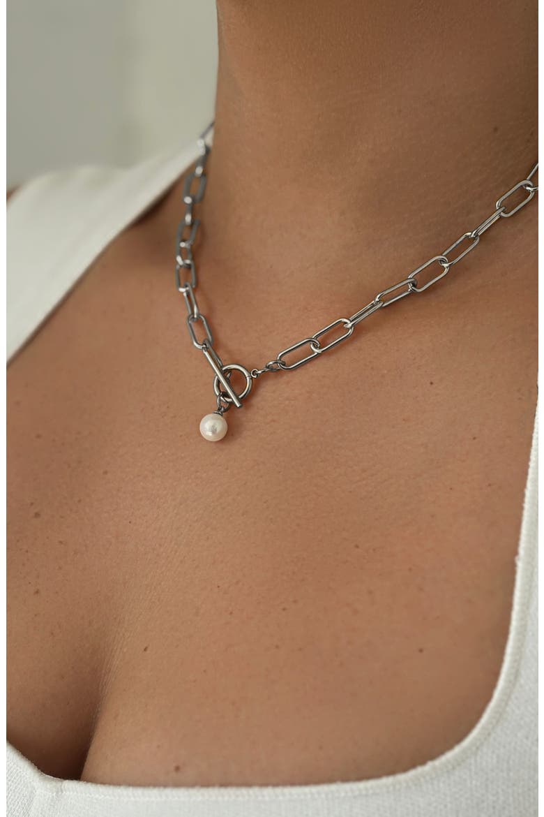 8mm Imitation Pearl Charm Toggle Necklace, Alternate, color, WHITE/ SILVER