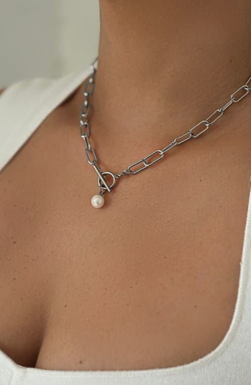 Adornia Tarnish Resistant Silver Plated Paper Clip Toggle Necklace With Pearl In White/silver