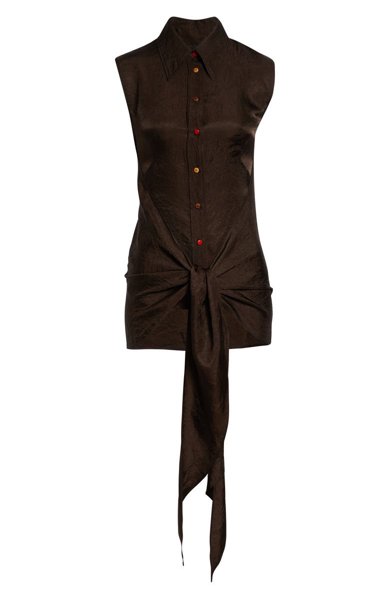 OSSOU Ranger Sleeveless Tie Front Crinkle Satin Button-Up Shirt, Alternate, color, Cedar
