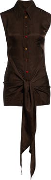 OSSOU Ranger Sleeveless Tie Front Crinkle Satin Button-Up Shirt