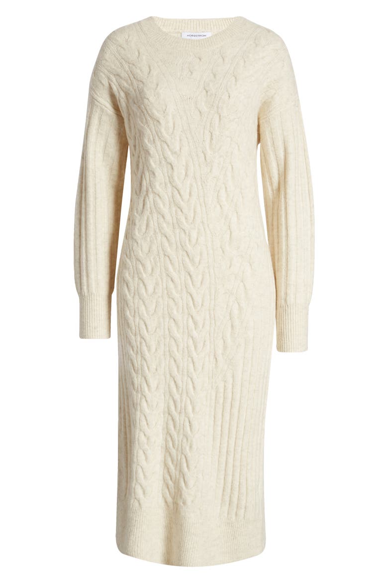Holiday Long Sleeve Cable Sweater Dress, Alternate, color, BEIGE OATMEAL LIGHT HEATHER