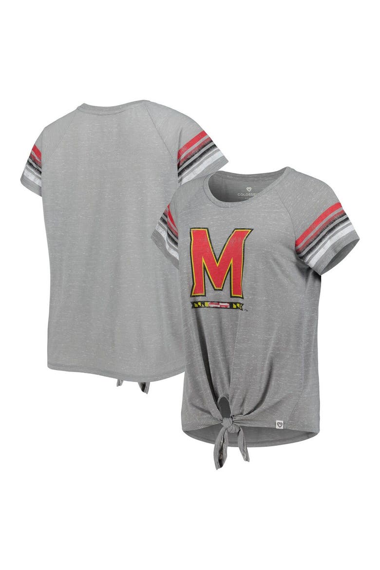 Women's Colosseum Heathered Gray Maryland Terrapins Boo You Raglan Knotted T-Shirt, Main, color, Heather Gray