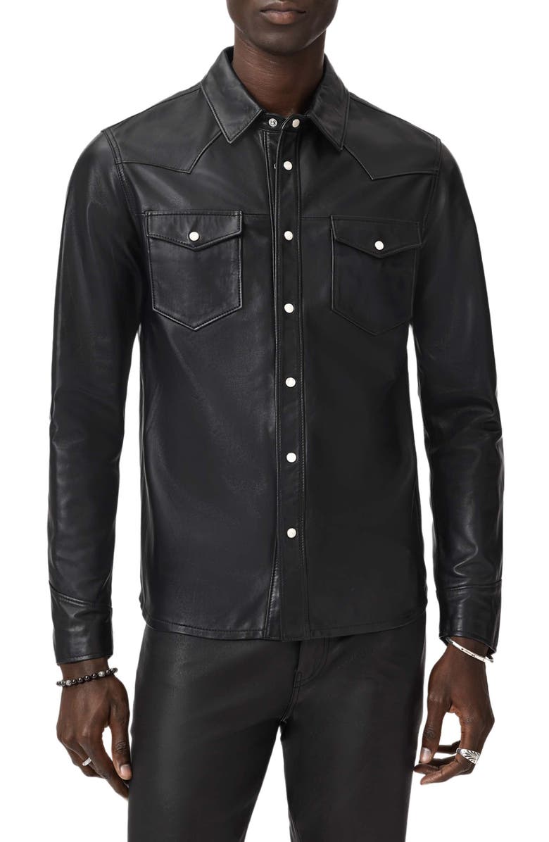John Varvatos Sage Sheepskin Leather Shirt Jacket, Main, color, Black