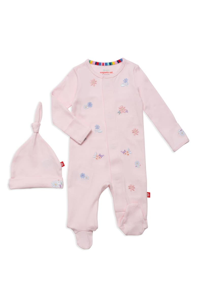 Magnetic Me Forget Me Not Embroidered Footie & Hat Set, Main, color,