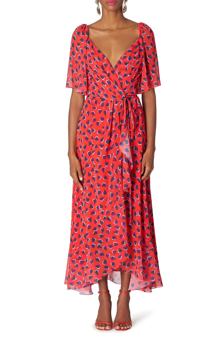 Carolina Herrera Heart Print Flutter Sleeve Chiffon Wrap Dress, Main, color, 