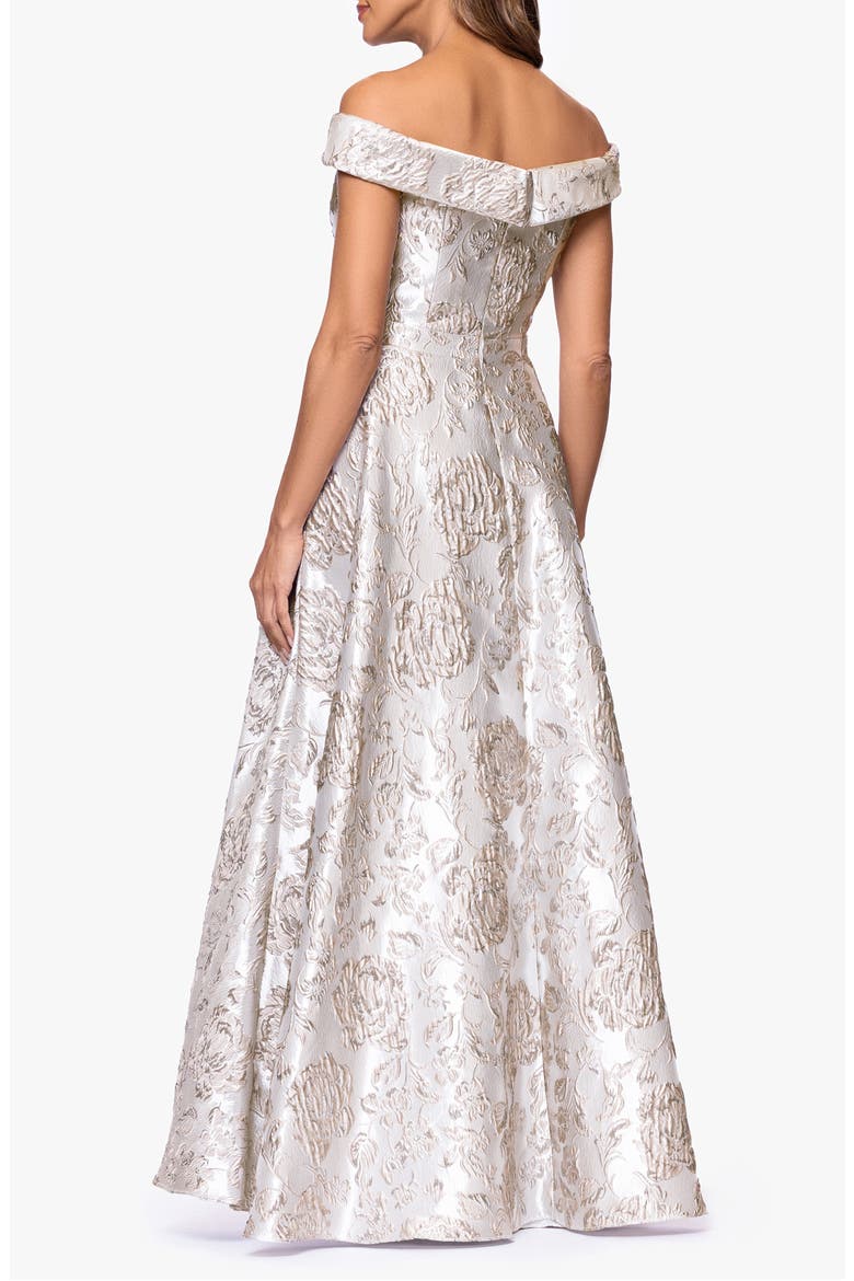 Floral Brocade Off the Shoulder Ball Gown, Alternate, color, TAUPE/ SILVER