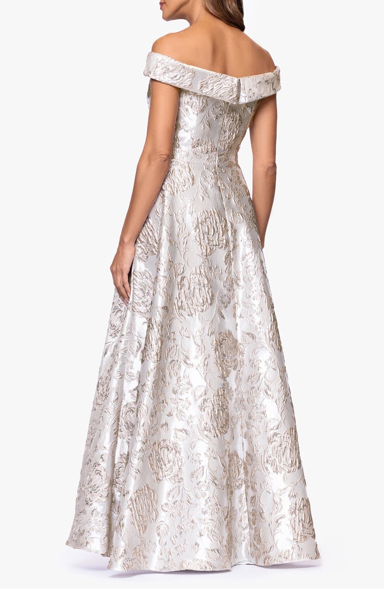 Xscape Evenings Floral Brocade Off the Shoulder Ball Gown, Alternate, color, Taupe/ Silver