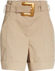 Balmain High Waist Belted Cotton Gabardine Shorts