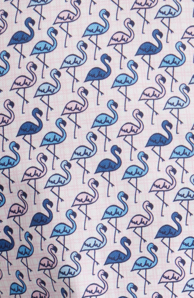 Johnston & Murphy Logan Flamingo Print Short Sleeve Cotton Blend Button-Up Shirt, Alternate, color, Pink / Blue Flamingos