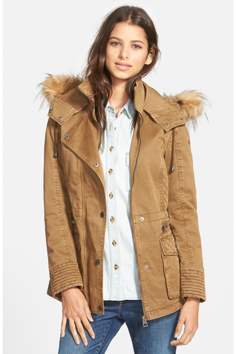Hooded Cotton Field Jacket with Faux Fur Trim, Main, color, KHAKI