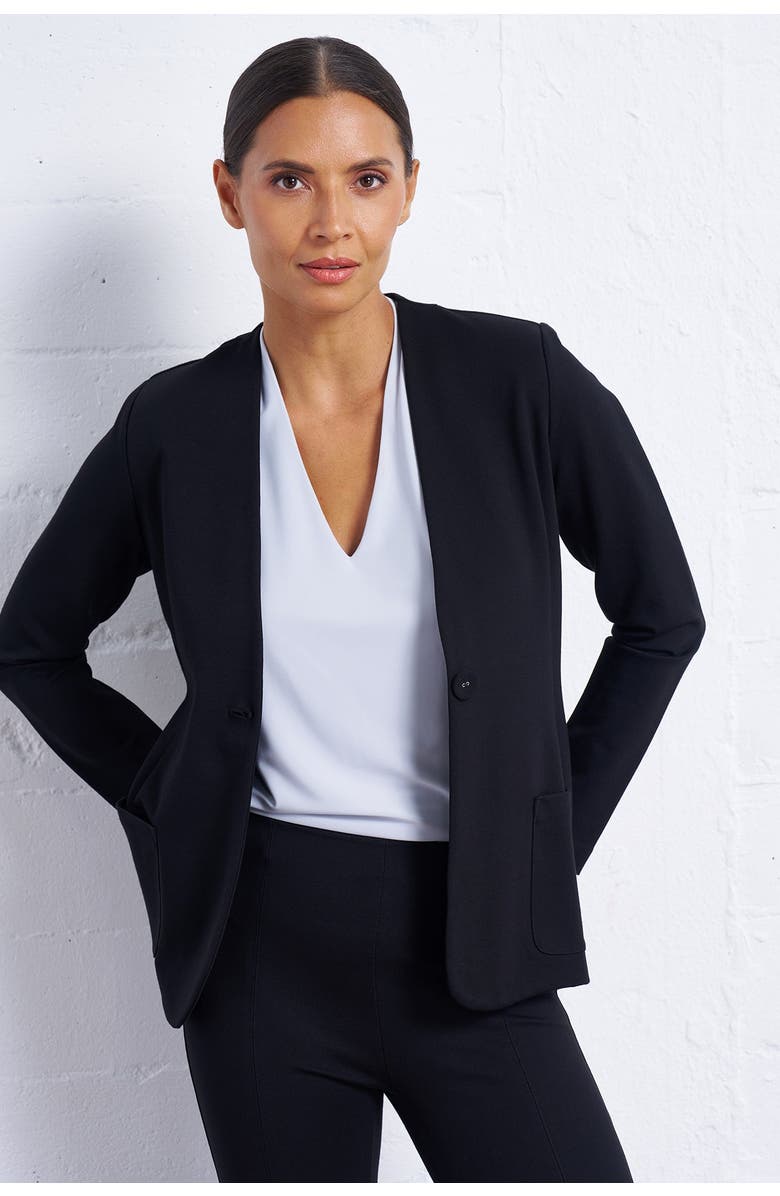 Franne Golde Perfect Ponte Collarless Fitted Stretch Blazer, Alternate, color, Black