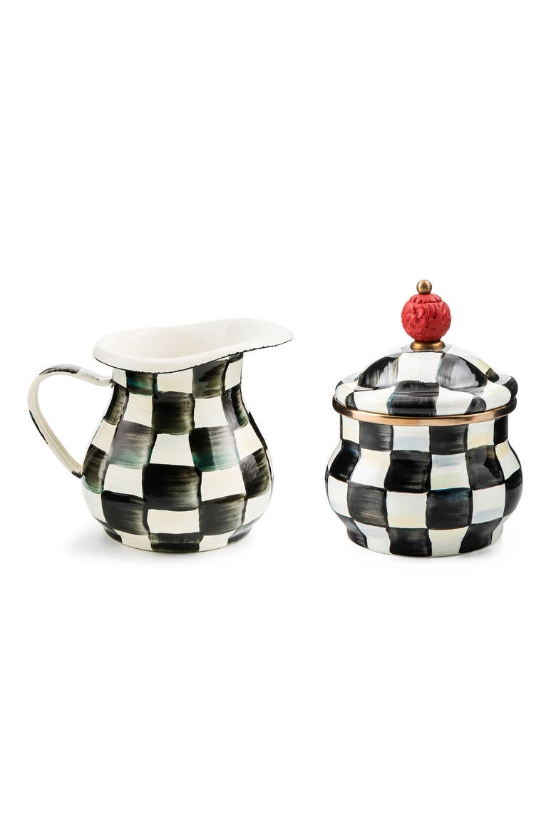 Courtly Check Enameled Steel Creamer & Sugar Set, Main, color, BLACK/ WHITE