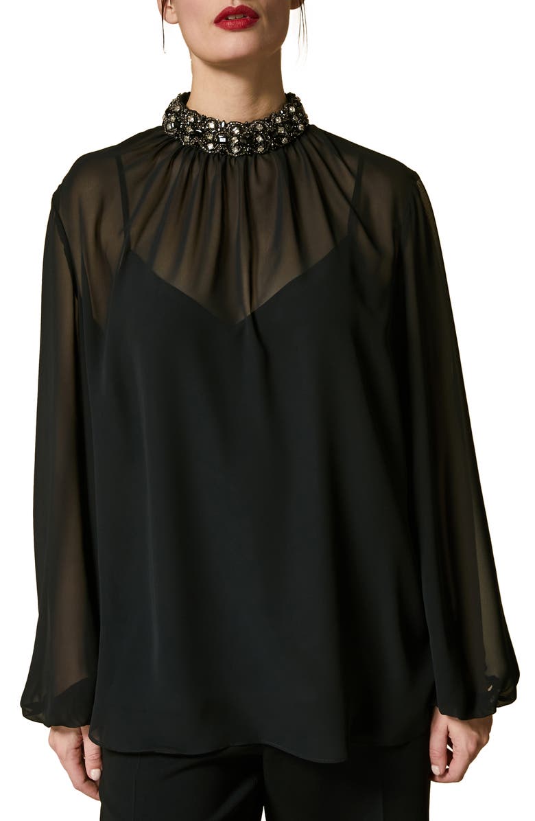 Marina Rinaldi Bambola Embellished Mock Neck Blouse, Main, color,