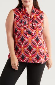 Tahari ASL Abstract Geo Print Sleeveless Matte Satin Top