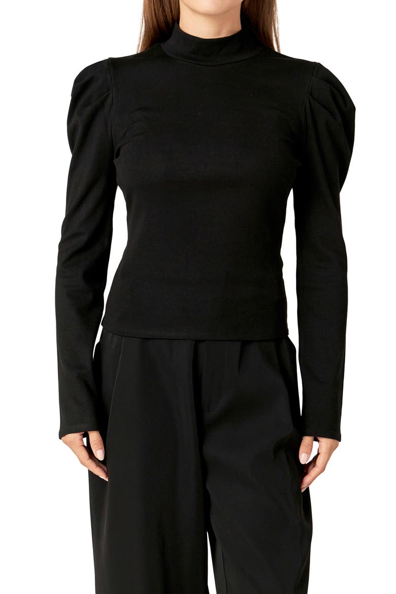 Puff Shoulder Mock Neck Rib Top, Alternate, color, BLACK