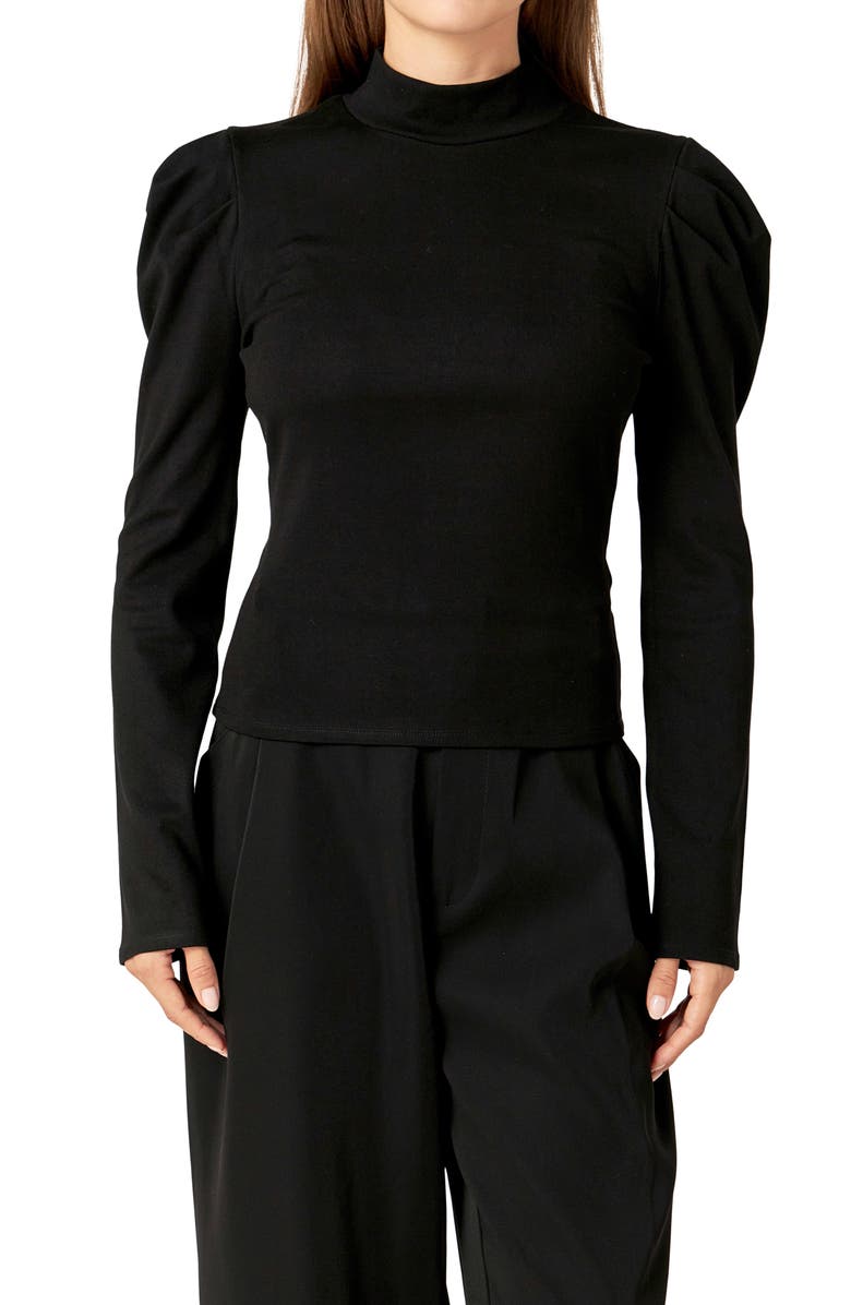 English Factory Puff Shoulder Mock Neck Rib Top, Alternate, color, Black