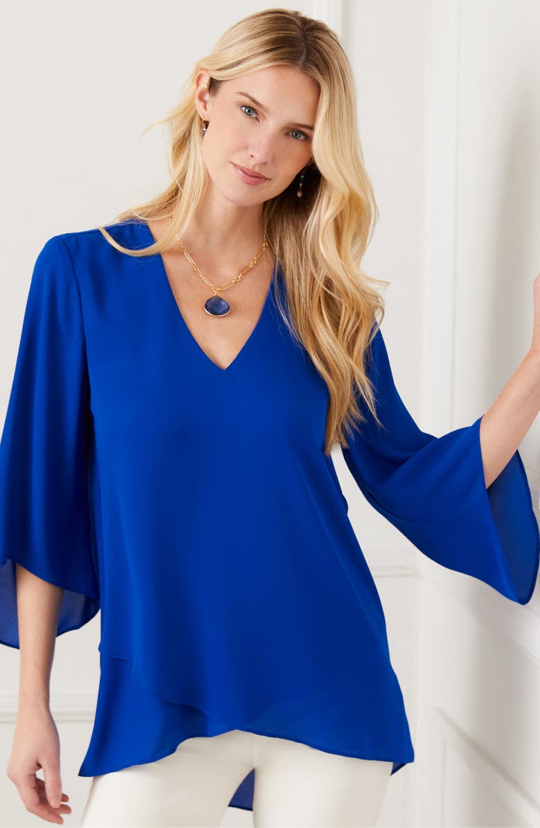 Karen Kane Asymmetric Crepe Faux Wrap Top, Alternate, color, Blue