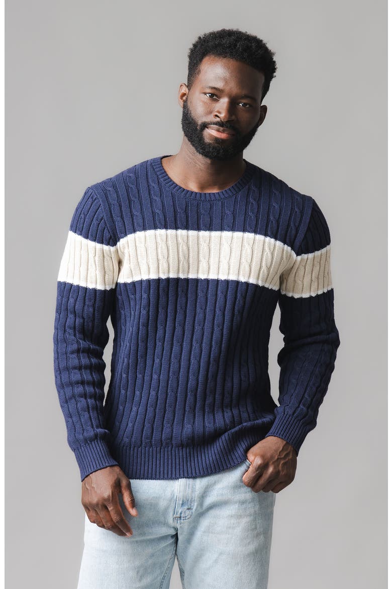 Organic Crew Neck Cable Sweater, Alternate, color, Navy Chest Stripe