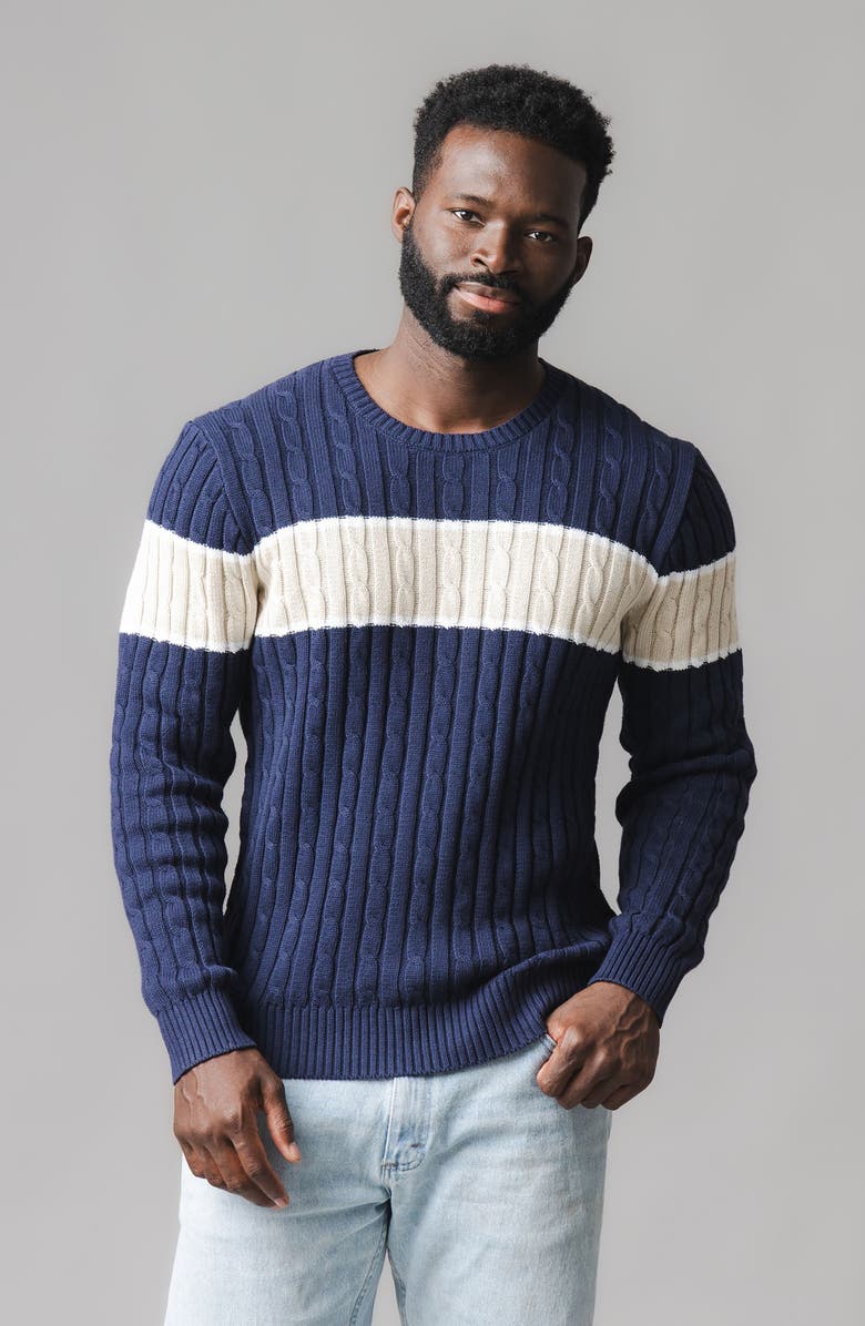Hope & Henry Organic Crew Neck Cable Sweater, Alternate, color, Navy Chest Stripe