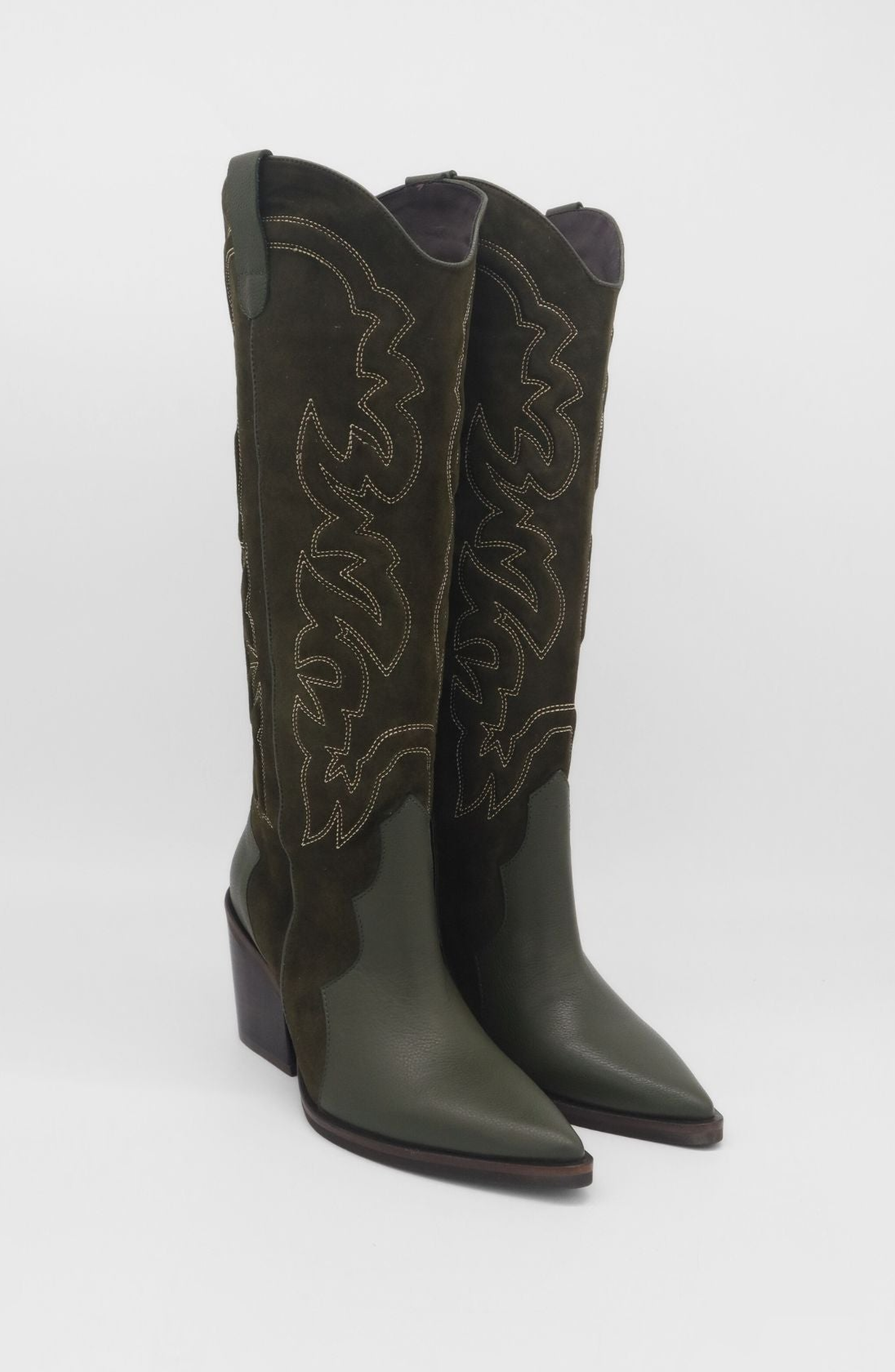 STIVALI NEW YORK Sfarzo Western Suede Leather Knee High Boots, Alternate, color, Olive Suede / Leather