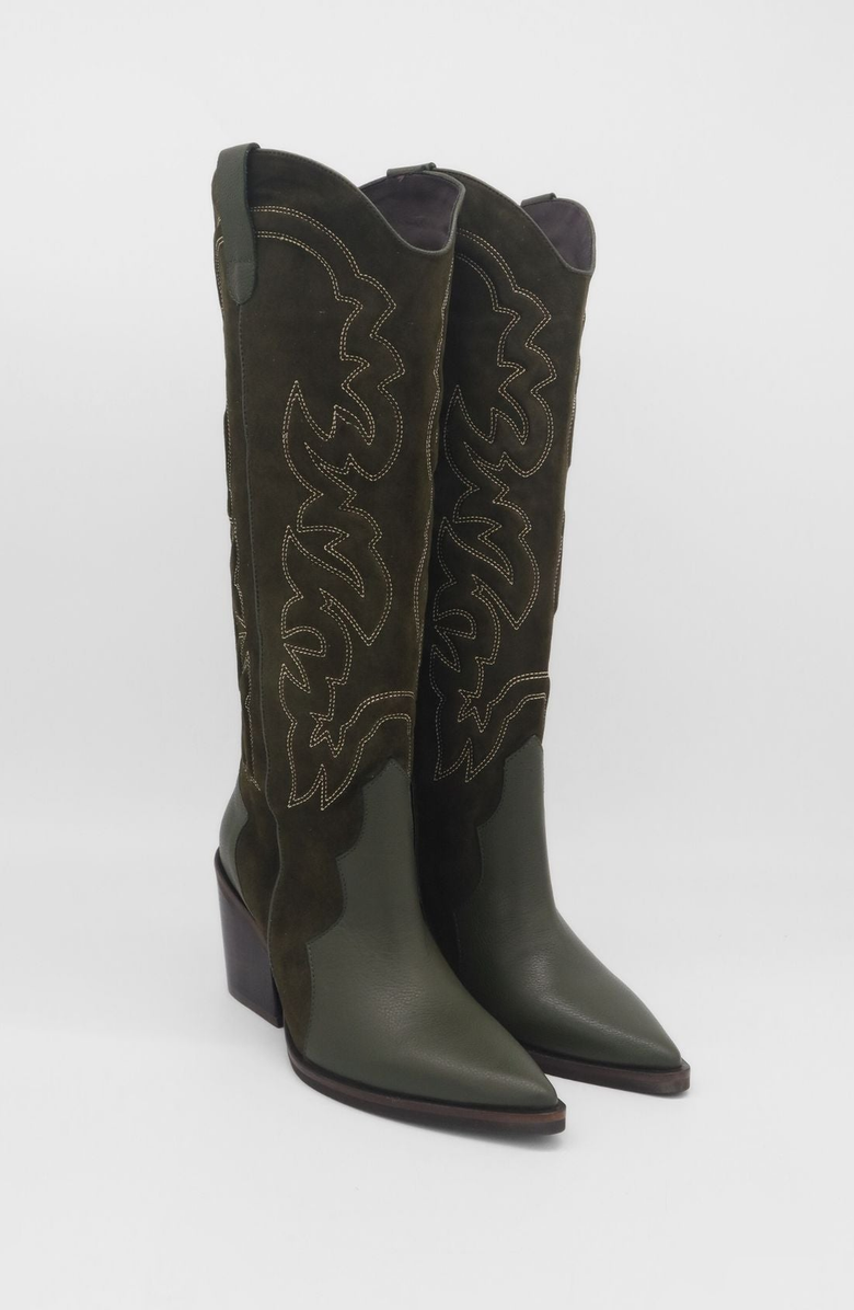 STIVALI NEW YORK Sfarzo Western Suede Leather Knee High Boots, Alternate, color, Olive Suede / Leather