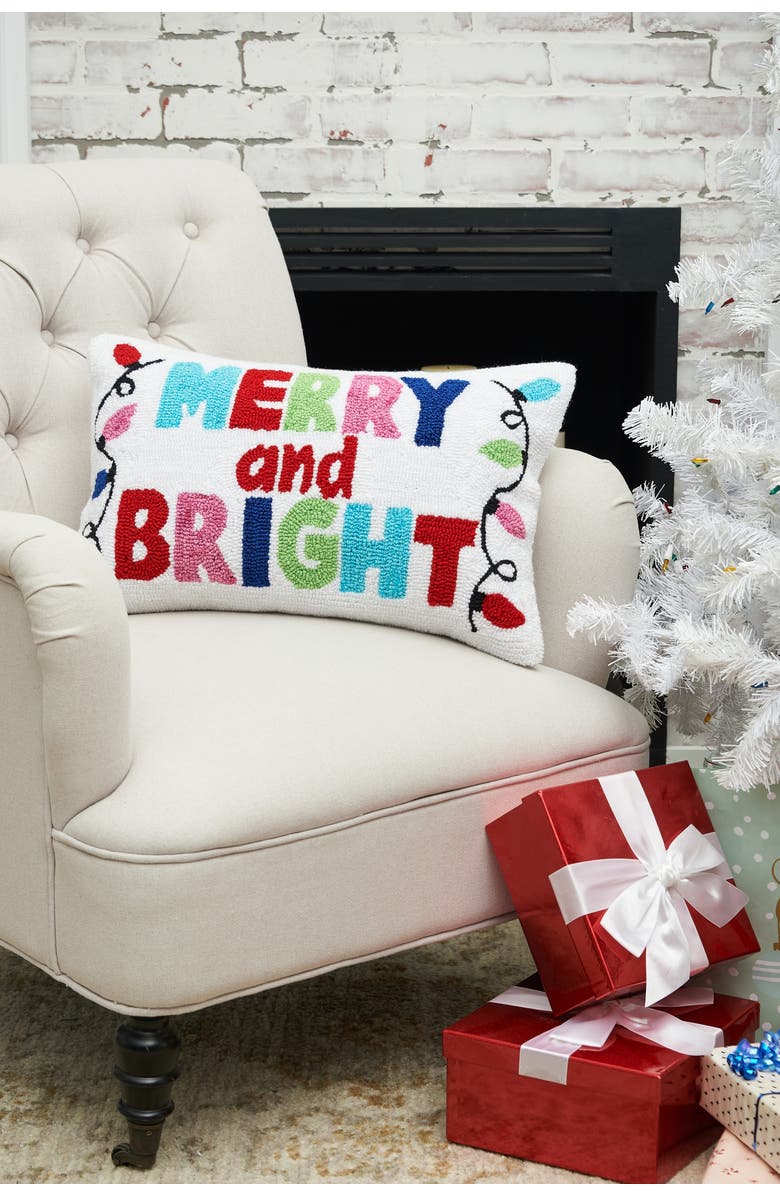 C&F Home Merry And Bright Hooked Christmas Throw Pillow, 14" x 22", Alternate, color, White