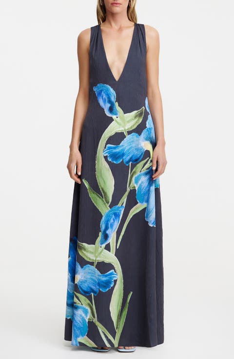 Merida Floral Print Plunge Neck Gown