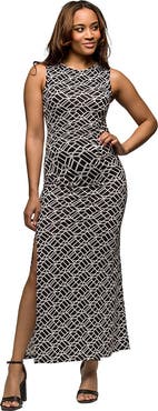 24seven Comfort Apparel Maternity Black and White Print Sleeveless Side Slit Maxi Dress