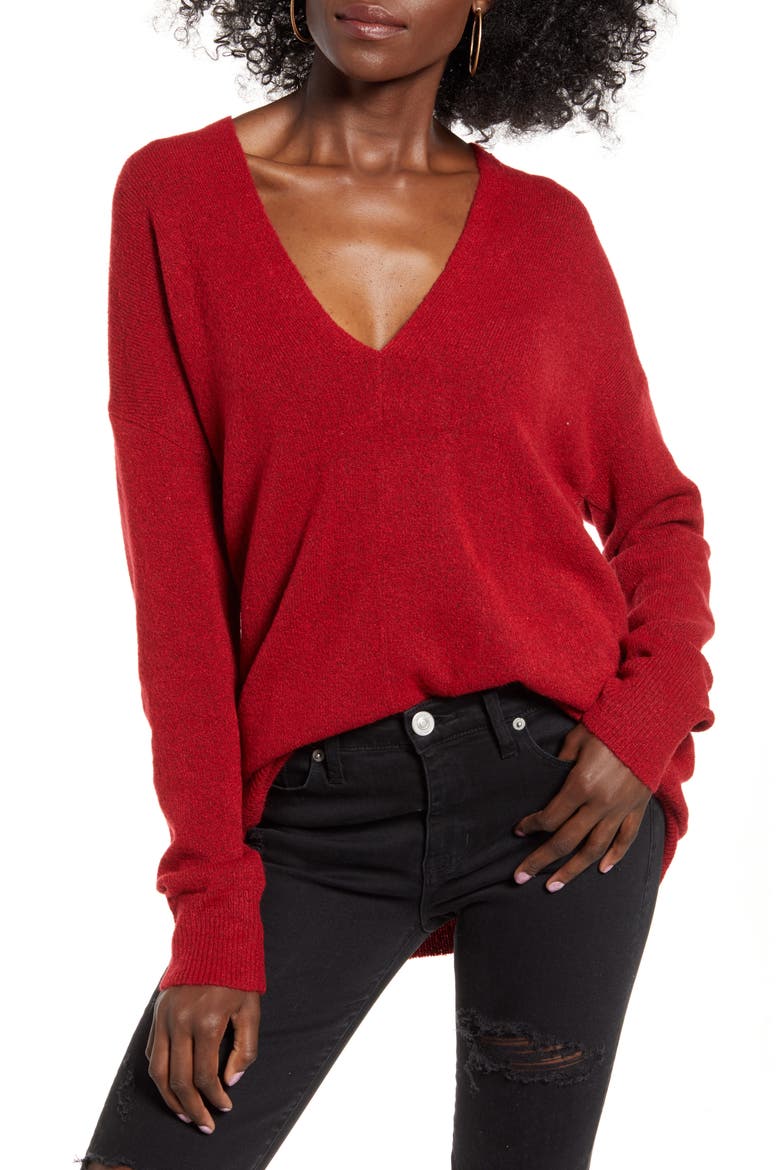 Cozy V-Neck Sweater, Main, color, RED CHILI
