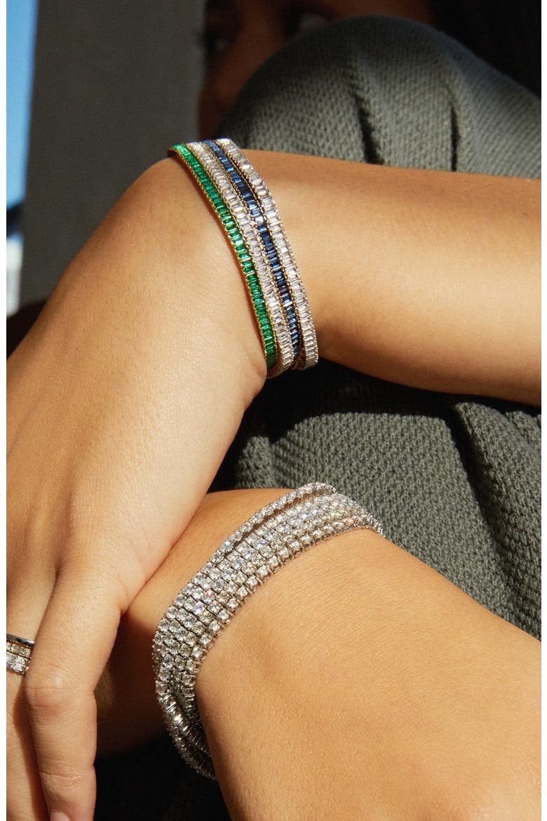 Lab Grown Blue Sapphire Baguette Tennis Bracelet, Alternate, color, Yellow Gold Vermeil