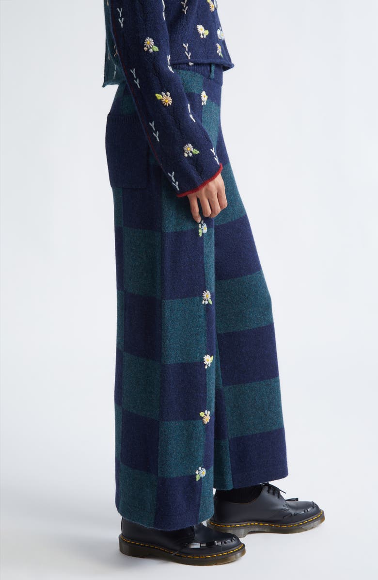 YanYan Daisy Embroidered Checkerboard Lambswool Pants, Alternate, color, Navy
