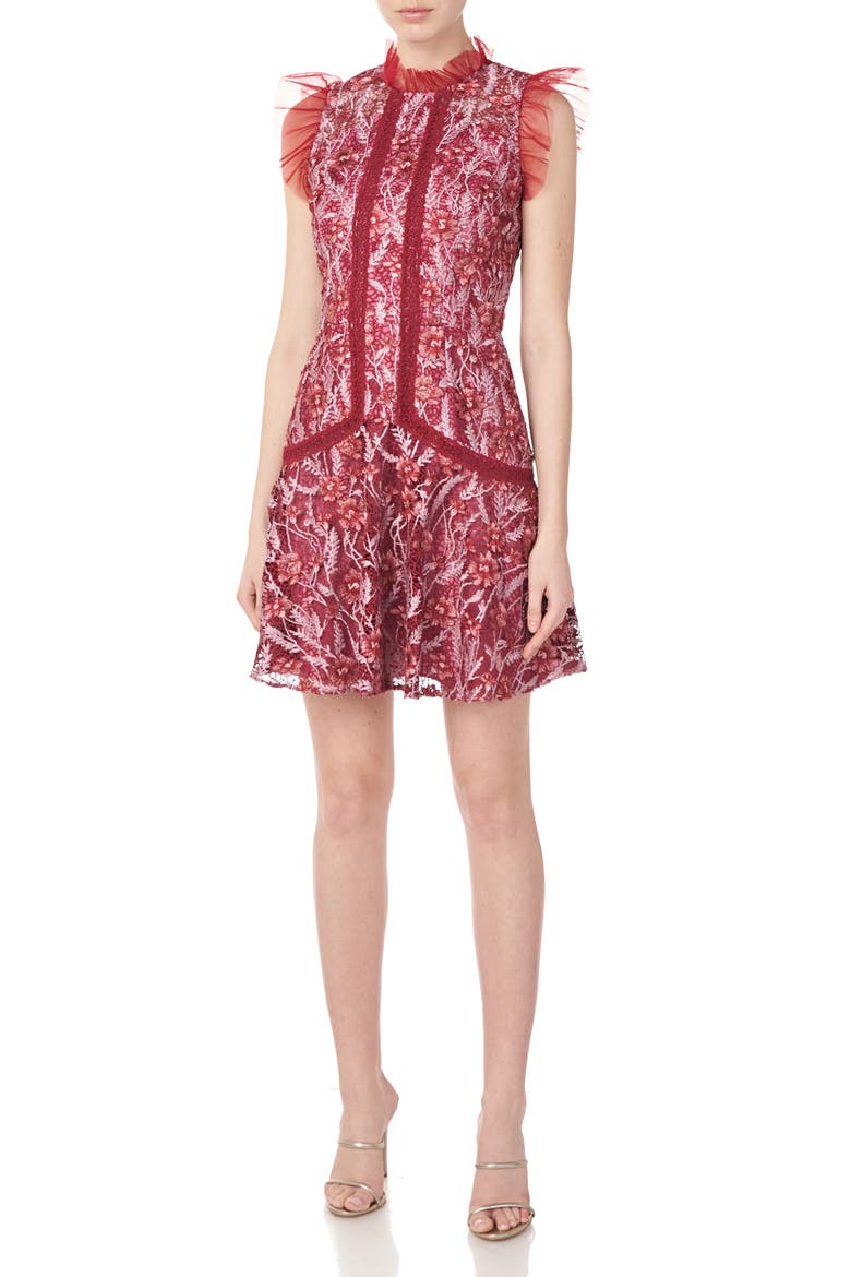 Embroidered Mesh Cocktail Dress, Main, color, CURRANT MULTI