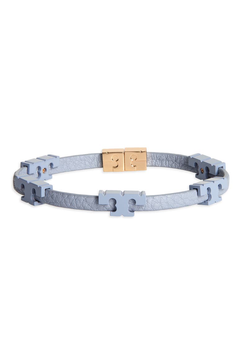 Serif-T Stackable Coated Leather Bracelet, Main, color, TORY GOLD / CLOUD BLUE