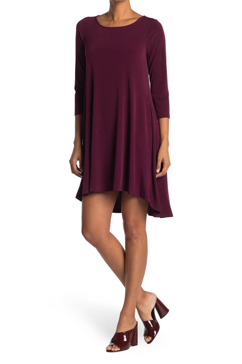 Three-Quarter Sleeve Stretch Knit Trapeze Dress, Main, color, DEEP WINE
