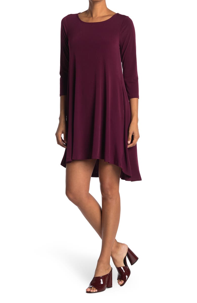 Nina Leonard Three-Quarter Sleeve Stretch Knit Trapeze Dress, Main, color, Deepwine