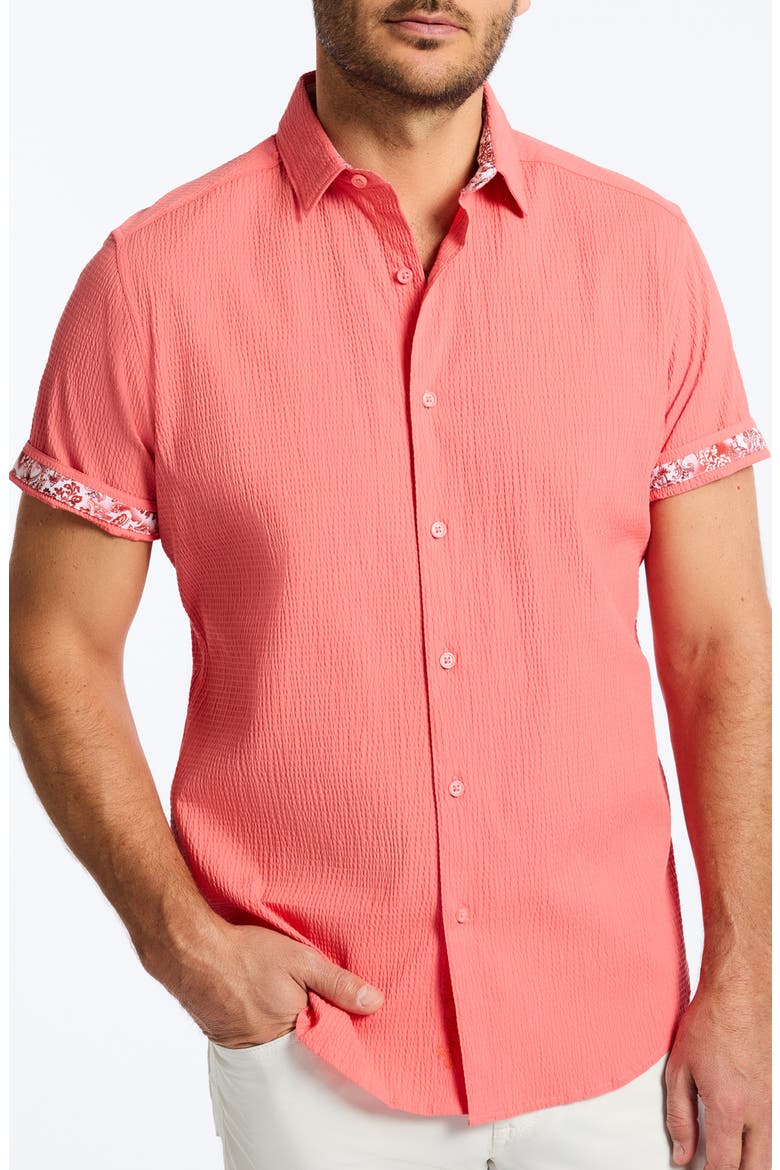 Thresher Classic Fit Solid Short Sleeve Cotton Seersucker Button-Up Shirt, Main, color, CORAL