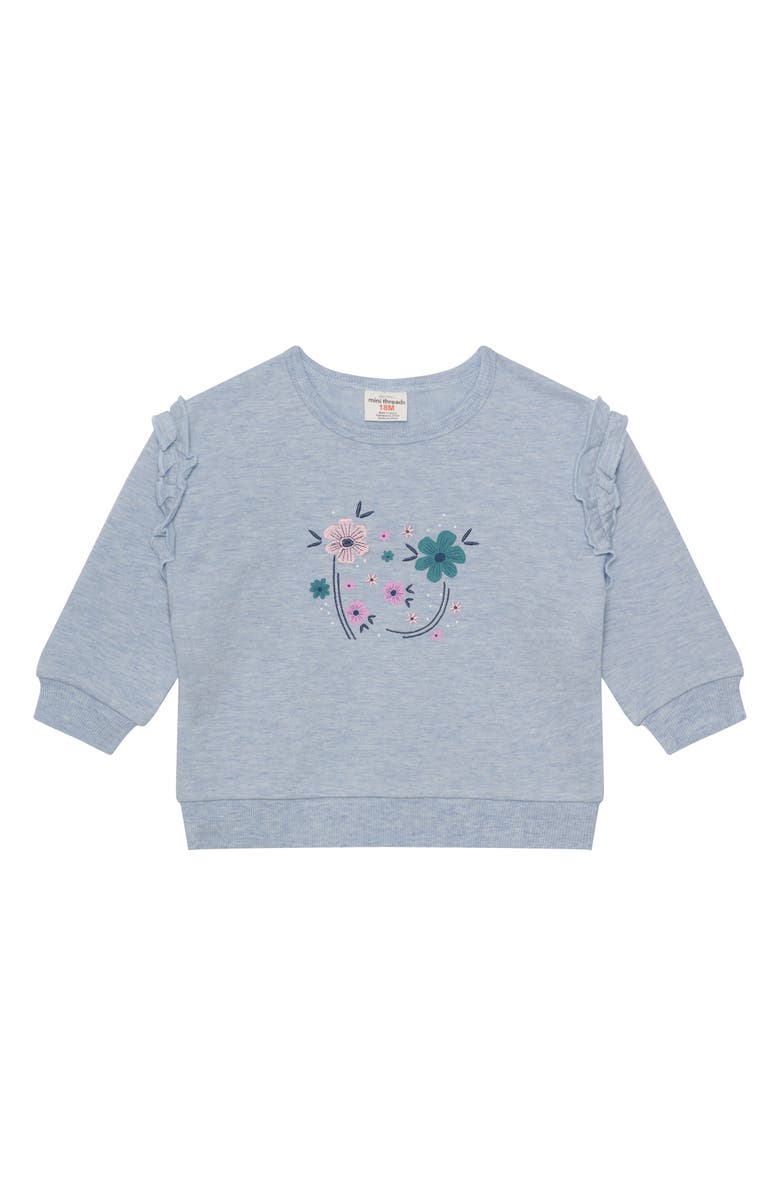 PL Baby by Petit Lem Floral Ruffle Sweatshirt, Pants & Headband Set, Alternate, color, Light Blue Flowers