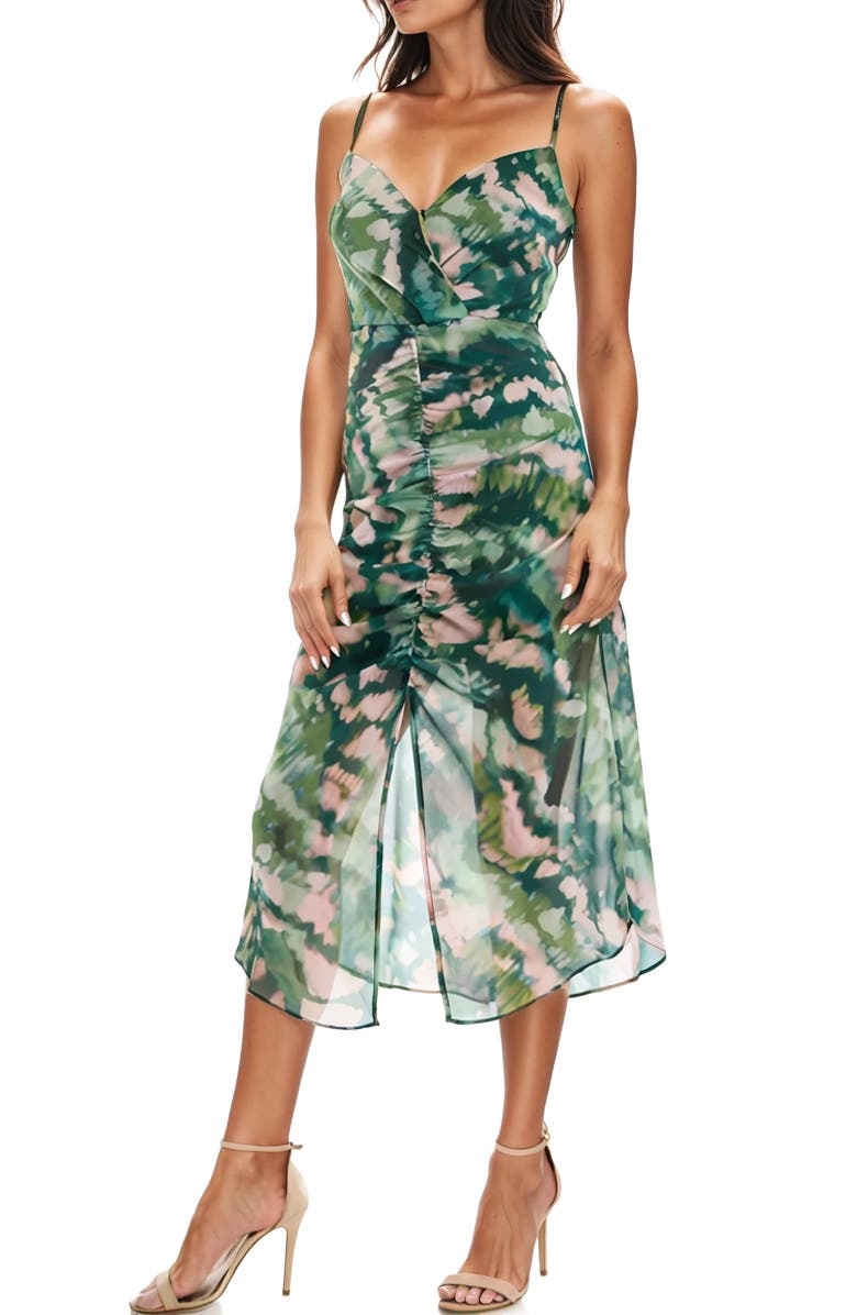 Socialite Ruched Cami Midi Dress, Alternate, color, Green Pink