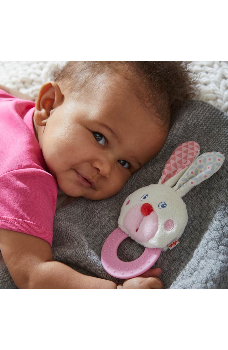 HABA Chomp Champ Bunny Teether - Soft Lightweight Clutching Toy with Crinkle Ears and Plastic Teething Ring, Alternate, color, Multi