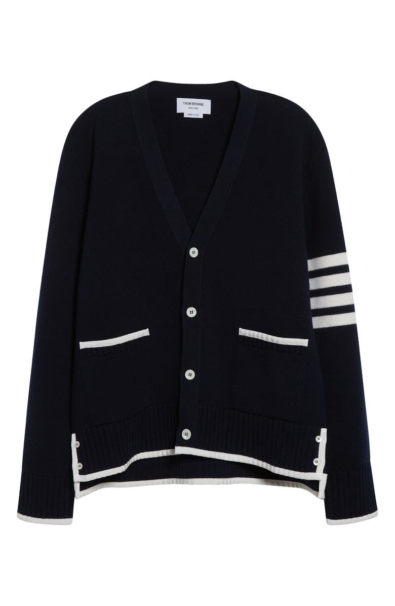 Thom Browne 4-Bar Milano Stitch Virgin Wool Cardigan, Alternate, color, Navy