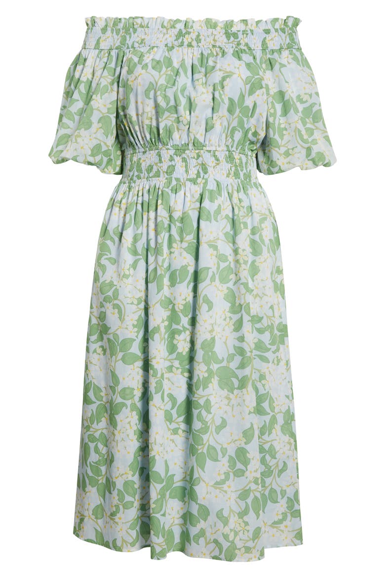 Kiany Floral Magna Town Off the Shoulder Cotton Midi Dress, Alternate, color, LIGHT BLUE/ GREEN