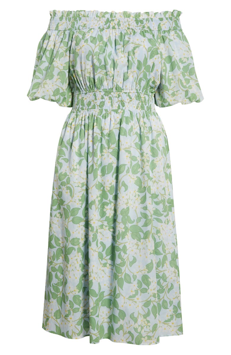 SUGARLIPS Kiany Floral Magna Town Off the Shoulder Cotton Midi Dress, Alternate, color, Light Blue/ Green