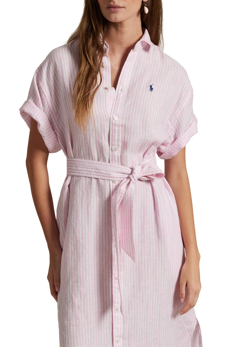 Polo Ralph Lauren Belted Linen Shirtdress, Alternate, color, White/ Pink