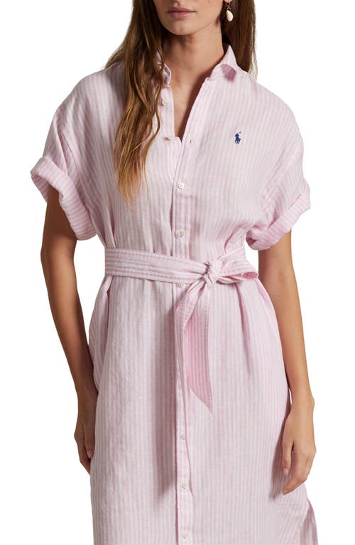 Polo Ralph Lauren Belted Linen Shirtdress In White/pink