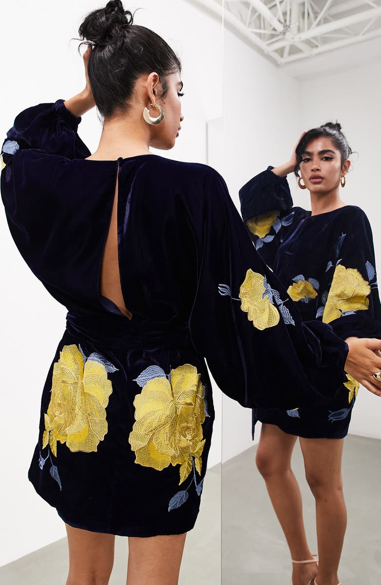 ASOS DESIGN EDITION Floral Embroidered Long Sleeve Minidress, Alternate, color,